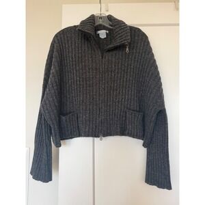 Sarah Pacini Charcoal Grey Ribbed Two Zip Cropped Cardigan Sweater Funnel Neck